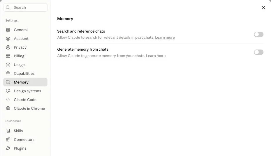 Раздел Memory в настройках Claude с переключателями Search and reference chats и Generate memory from chats