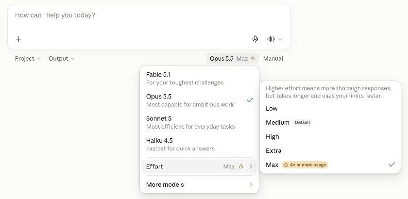 Меню моделей Claude с Fable, Opus, Sonnet и Haiku и открытым списком уровней усилий от Low до Max