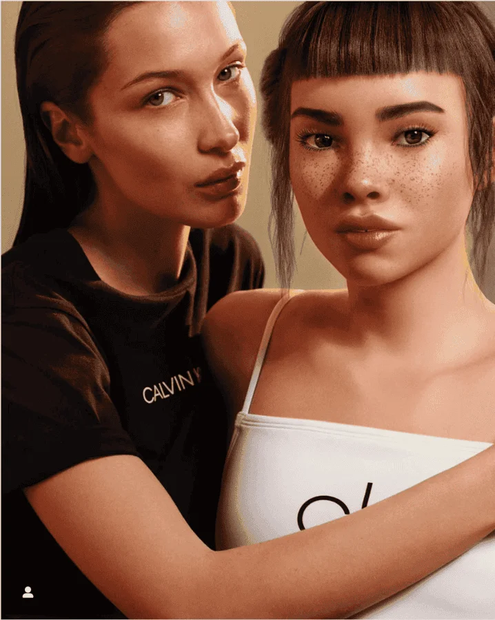 Виртуальная модель Лил Микела вместе с Беллой Хадид в кампании Calvin Klein