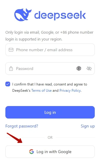 Регистрация через Google-аккаунт в нейросети Дипсик