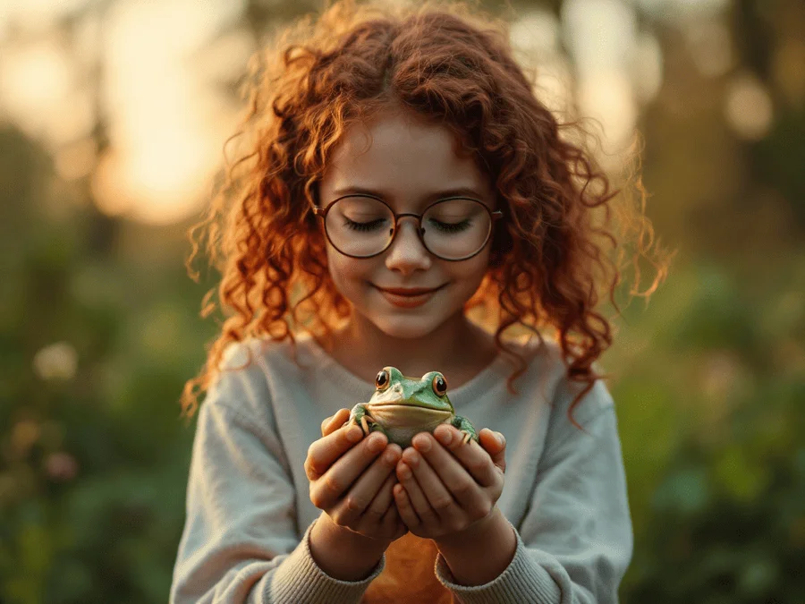 Девочка держит лягушку в руках