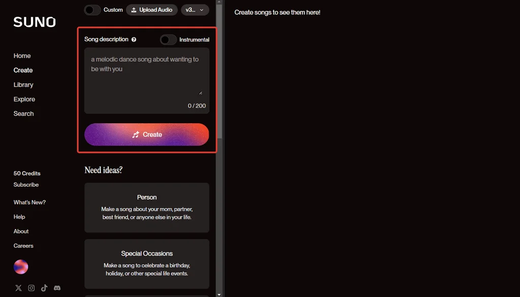 Интерфейс страницы Suno AI для генерации треков в автоматическом режиме