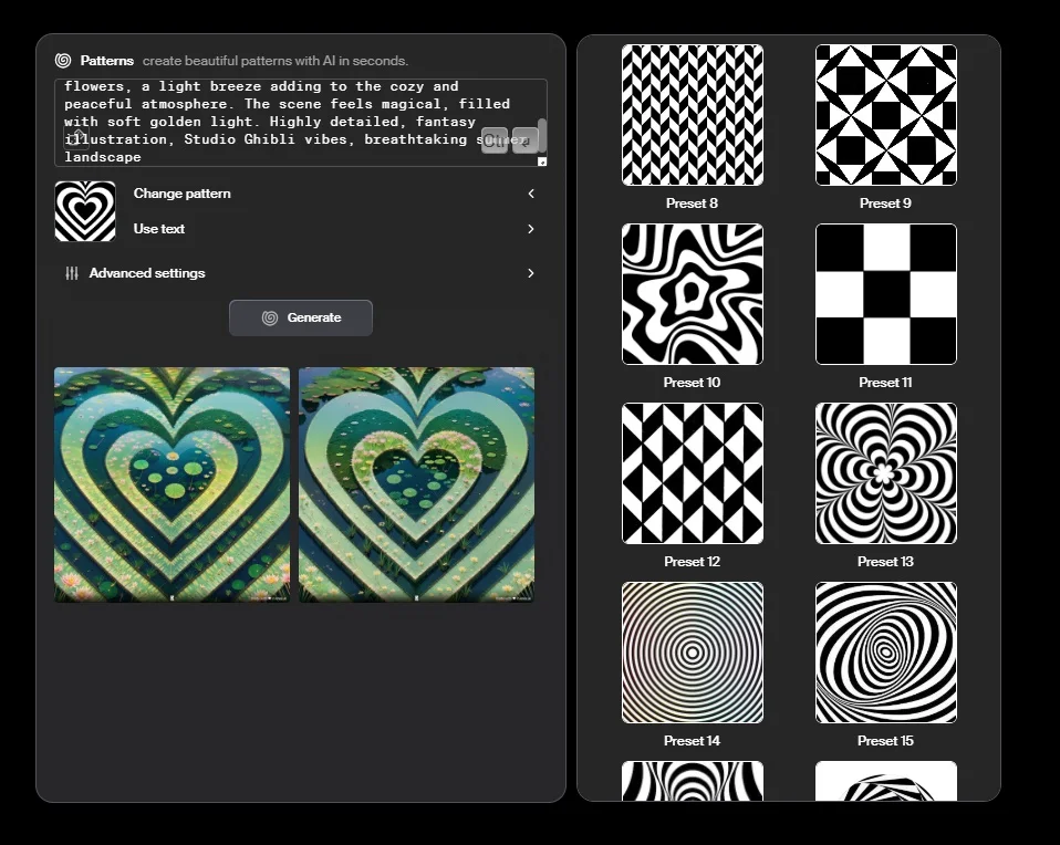 Интерфейс паттернов в Креа