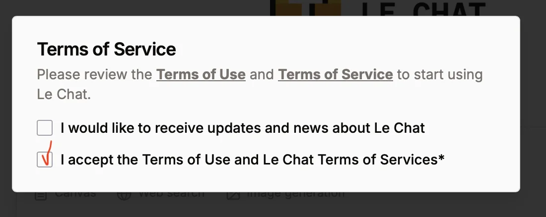 Как принять пользовательские условия в Le Chat