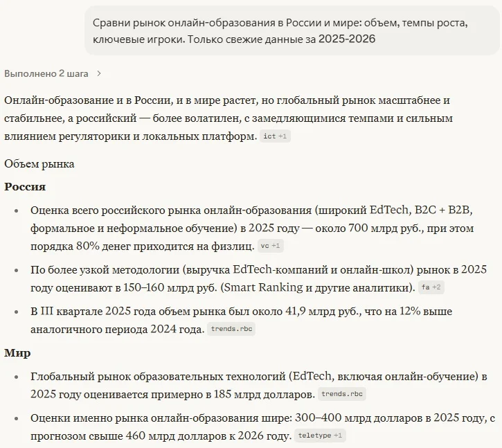 Пример поиска информации в Перплексити
