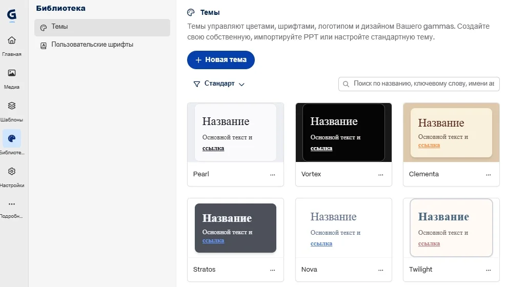 Как выглядит библиотека тем в сервисе Гамма