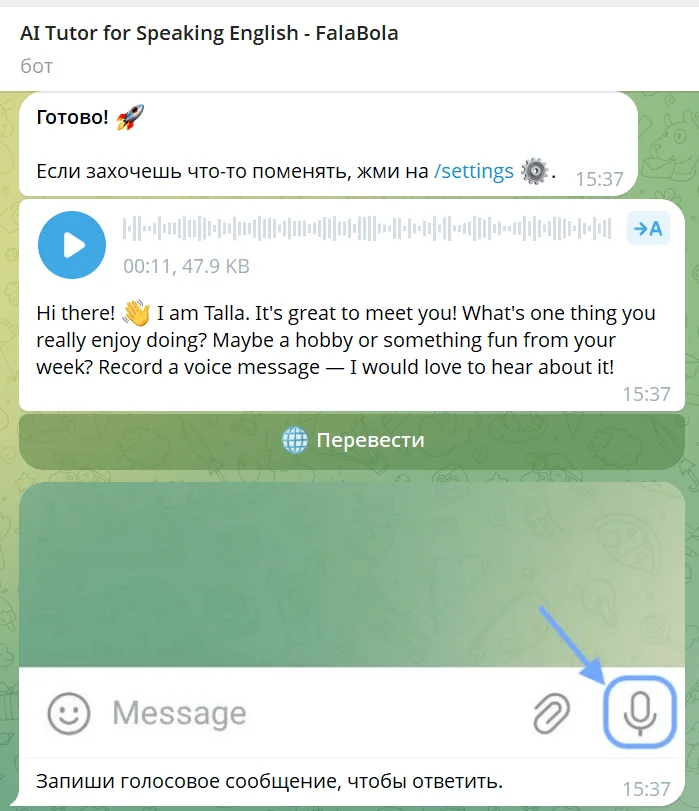 Начало работы с ботом AI Tutor for Speaking English - FalaBola