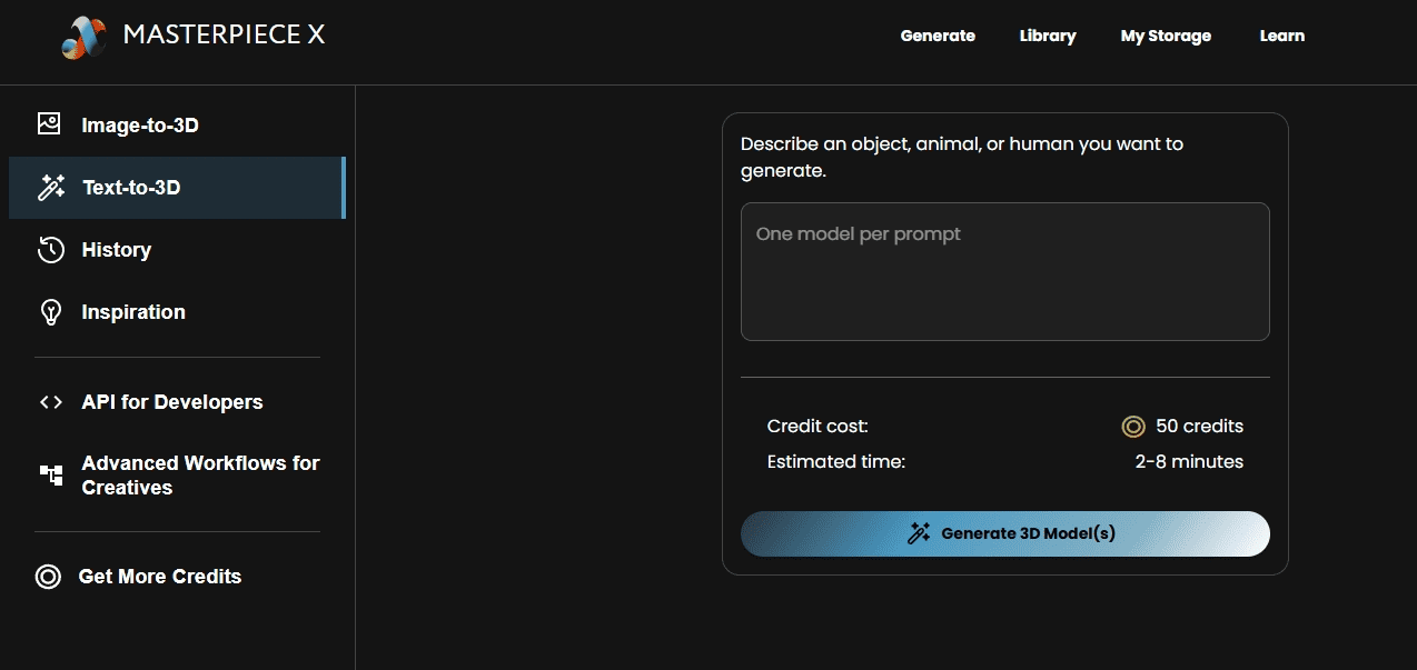 Страница для генерации 3Д в нейросети Masterpiece X