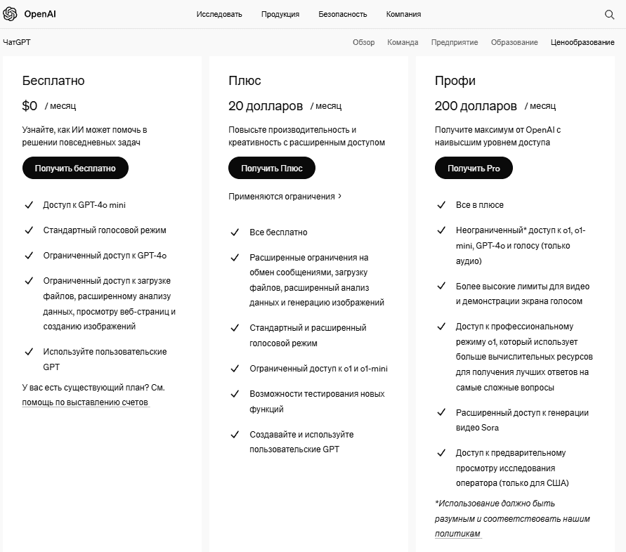 Цены и возможности тарифов Чат ДжиПиТи