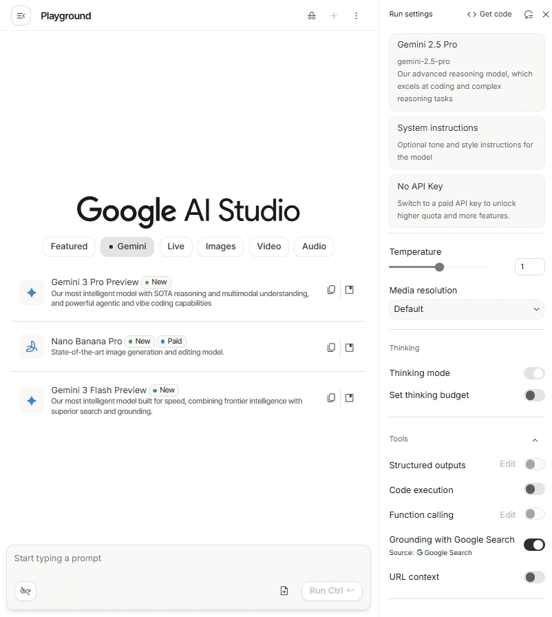 Интерфейс Google AI Studio для работы с моделями Gemini