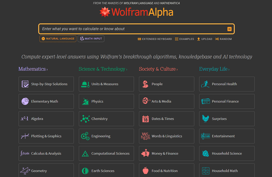 Нейросеть для студентов Wolfram Alpha: перечень всех предметов